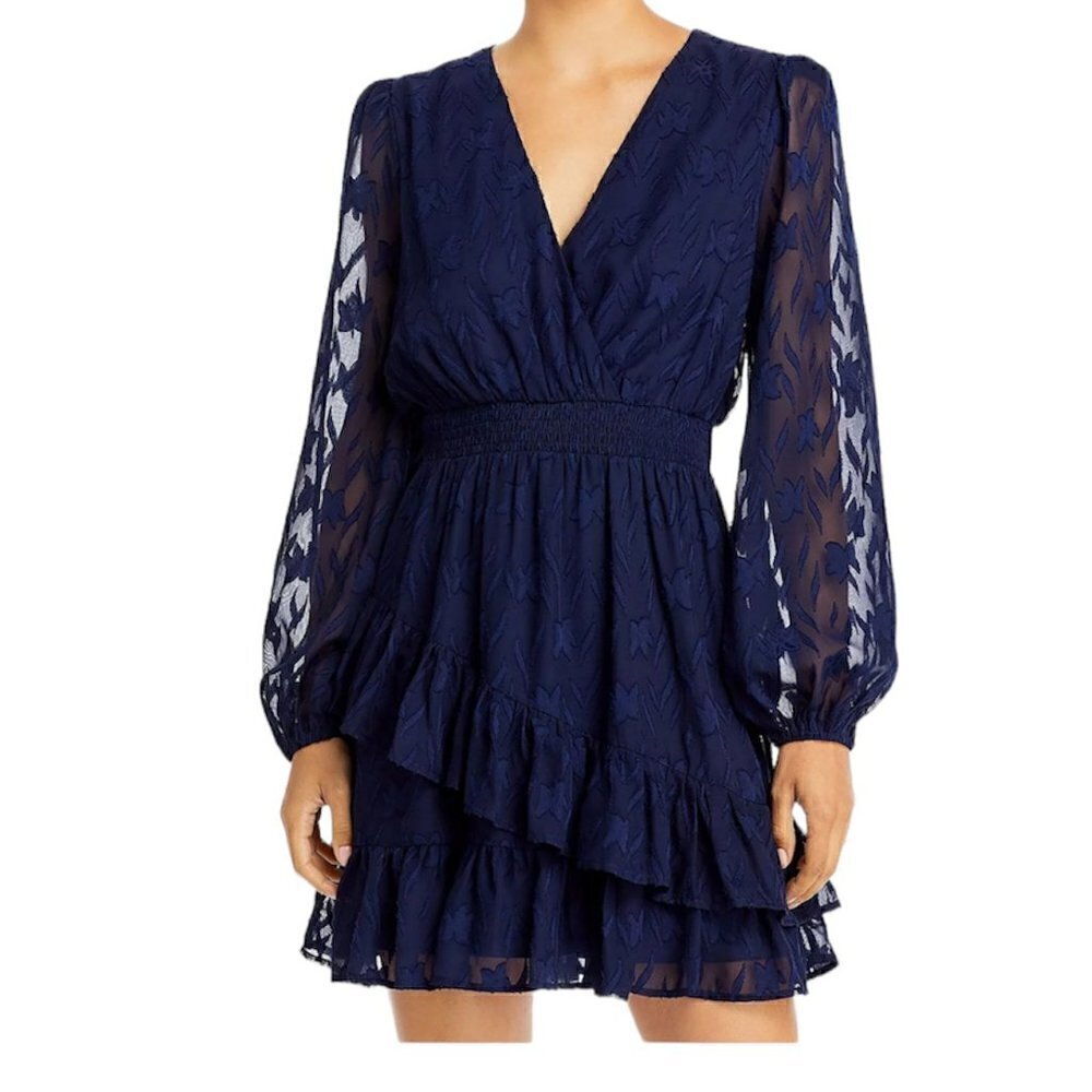 Aqua Chiffon Ruffled Tiered Mini Party Dress Navy Small
